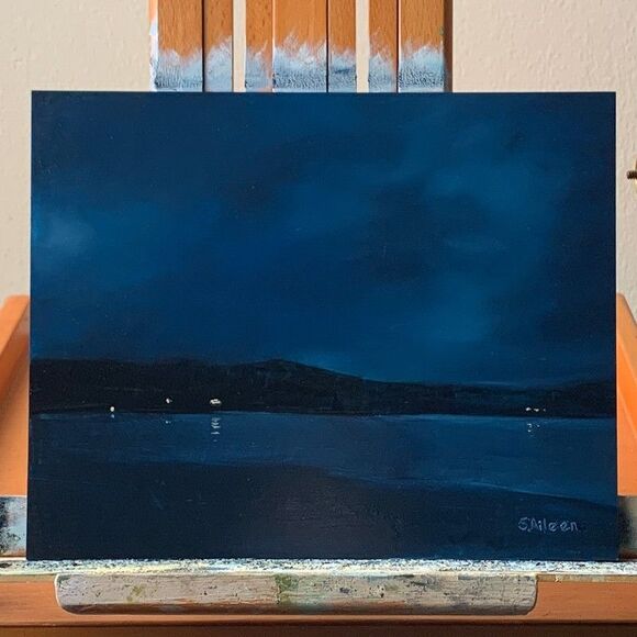 Original Oil Painting Landscape Lake Crescent Nocturne Deep Blue PNW 8x10 Signed - Picture 2 of 7